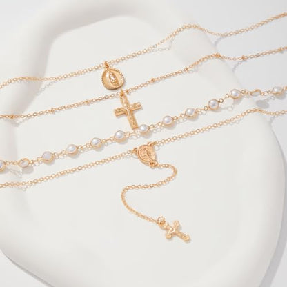 KURTCB Rhinestone Necklace for Women Boho Long Y Lariat Gold Necklace Stack Colorful Summer Beach Jewelry - color: Gold Pearl Cross