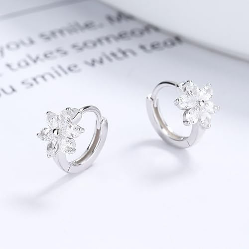 Flower Hoop Huggie Earrings for Women Small Crystal Cubic Zirconia Flower Hoops Earrings Cartilage Earrings Trendy Kawaii Cute Little Hoop Earrings Wedding Statement Gift Jewelry - color: Silver