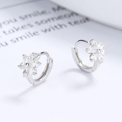 Flower Hoop Huggie Earrings for Women Small Crystal Cubic Zirconia Flower Hoops Earrings Cartilage Earrings Trendy Kawaii Cute Little Hoop Earrings Wedding Statement Gift Jewelry - color: Silver