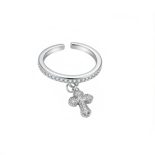 Dangle Little Cross Cubic Zirconia Ring for Women Dainty Crystal Faith Adjustable Open Stacking Promise Eternity Thin Rings Comfort Fit Fashion Wedding Engagement Band Cute Religion Protection Jewelry