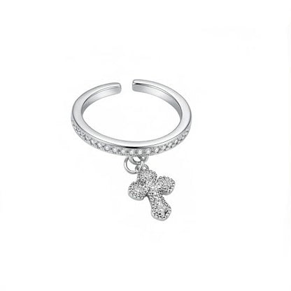 Dangle Little Cross Cubic Zirconia Ring for Women Dainty Crystal Faith Adjustable Open Stacking Promise Eternity Thin Rings Comfort Fit Fashion Wedding Engagement Band Cute Religion Protection Jewelry