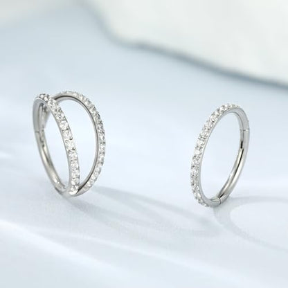 GAGABODY 2 Pcs Nose Rings 22G 20G 18G 16G 14G 12G 10G 8G Surgical Steel Piercing Rings for Nose Septum Cartilage Helix Tragus Conch Rook Daith Lobe from 5mm to 16mm Seamless Hoop Unisex Hinged Earrings - color: Silver-Single CZ+Double CZ