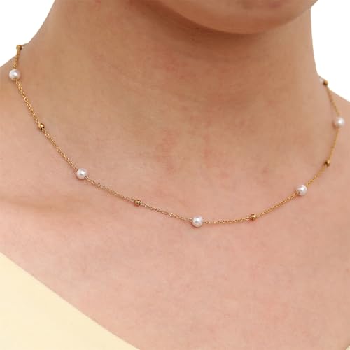 Dainty Pearl Necklace for Women Gold Plated Bridal Wedding Jewelry Trendy Cute Lariat Pearl Pendant Drop Charm Choker Stackable Necklace Gift for Women Mom Sister Daughter - color: H.Pearl Gold Beads