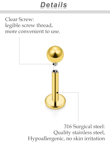 20G 18G 16G 14G 12G Lip Labret Medusa Monroe Rings Studs 316L Surgical Steel Flat Back Tragus Helix Cartilage Earring Stud Piercing Jewelry Bar Length 8mm 10mm 12mm Mix Color 18PCS - color: Gold, size: 18G(1.0mm)-6/7/8mm Bars-3mm Balls