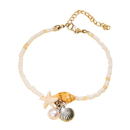 Shell Starfish Bracelet Seahorse Conch Starfish Sea Shell Pearls Charm Stone Bracelet Statement Bohemian Sea Themed Beach Jewelry for Women - color: White A