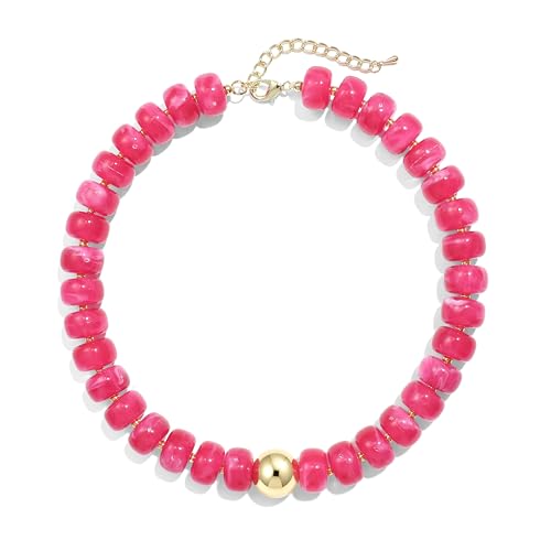 Badu Colorful Chunky Beaded Choker Necklace, Acrylic Colorful Bead Statement Necklaces, Adjustable Summer Beach Jewelry Gift for Women - color: Red