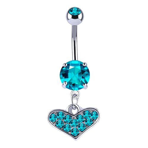 Rhinestone Heart Dangle Belly Button Ring for Women Stainless Steel Sparkle Crystal Love Heart Navel Curved Barbell Rings Piercing Body Jewelry - color: Blue