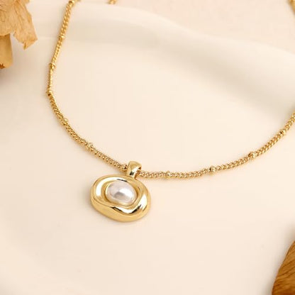 Jean Beau Gold Stone Pendant Necklaces for Women, Chunky Gemstone Dangle Necklace Wedding Prom Fashion Jewelry Gift - color: White Pearl