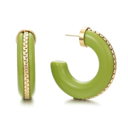 Gold Plated Resin Chunky Hoop Earrings Hypoallergenic Push Back Hoops for Sensitive Ears - color: lime green
