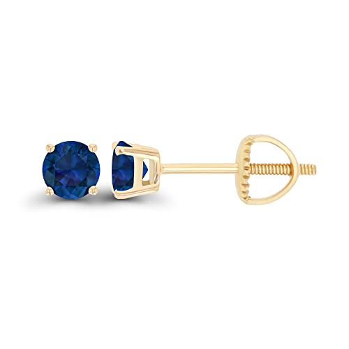 14K Gold Plated 925 Sterling Silver Hypoallergenic 4mm Round Genuine Birthstone Solitaire Screwback Stud Earrings - color: Blue Sapphire Created