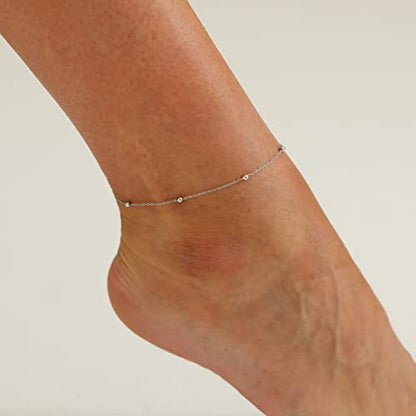 NONAMOIS Ankle Bracelets for Women Dainty 18K Gold Plated Anklet Waterproof Round Beaded Paperclip Herringbone Pearl Chain Anklets Waterproof Beach Foot Jewelry - color: Beaded-White Gold
