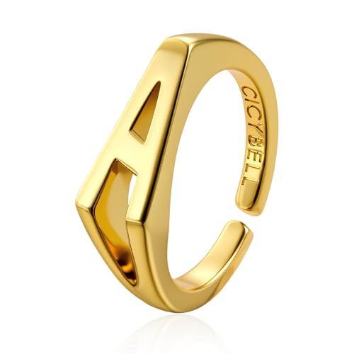 Cicy Bell Initial Rings for Women 18k Gold Plated Adjustable Rings | Open Signet Rings, Bold Letter, Personalized Engraved, For Party - color: Initial-A