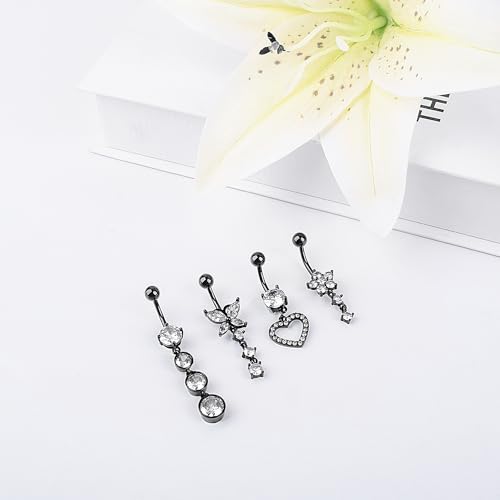 LEE&RO Belly Button Ring Dangle Stainless Steel Belly Rings 14G Belly Button Piercing Cute Navel Ring Belly Piercing Jewelry - style: 8Pcs-Black Tone
