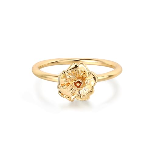 Birth Flower Stacking Ring for Women | 14K Gold Plated Brass, 12 Engraved Floral Motifs, Slim Stack-Ready Band, Available in US Sizes 5-9 - style: Aug.-Poppy
