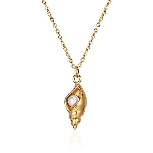 18K Gold Plated Stainless Steel Bee Honeycomb Pendant Necklace, Adjustable Y Lariat Conch/Guitar/Horseshoe Necklace for Women - color: Gold, style: Conch Pearl