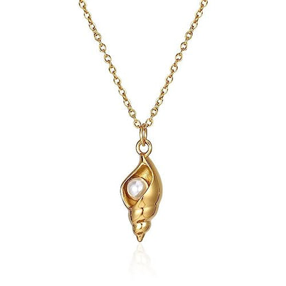 18K Gold Plated Stainless Steel Bee Honeycomb Pendant Necklace, Adjustable Y Lariat Conch/Guitar/Horseshoe Necklace for Women - color: Gold, style: Conch Pearl