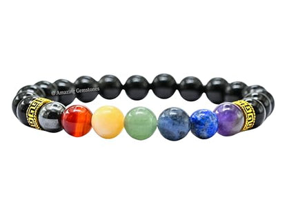 Amazing Gemstone Chakra with Black Obsidian Crystal Bracelet for Women Men's Gifts - Protection Healing Crystal Bracelet - 8mm Gemstone Beaded Stretchable Bracelet Pulseras Para Hombres Mujer Stocking Stuffers Mothers Day Gift - color: Chakra Bracelet (Bl