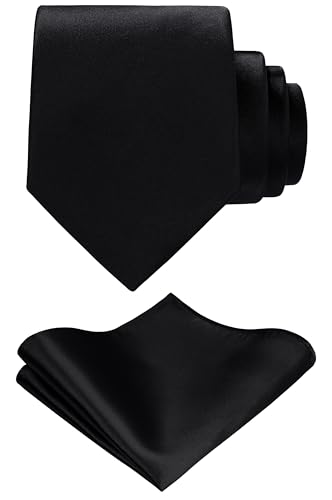 TIE G Solid Satin Woven dyed Color Formal Black Necktie and Pocket Square Sets in Gift Box - color: Black