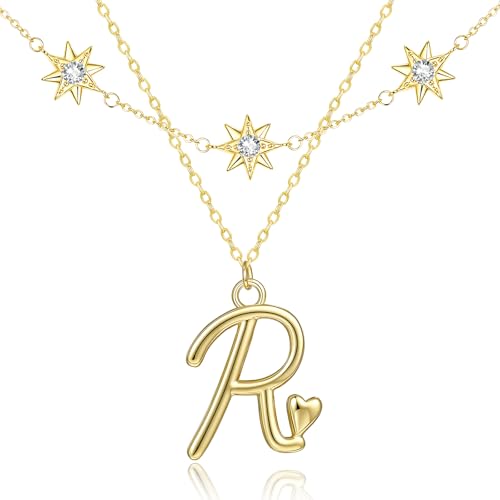 14K Gold A-Z Initial Lette Necklace Star Choker Women Necklace | Personalized Initial Jewelry, Meaningful Name Letter Gift for Women Wife Mom Friend, Perfect Present For Birthday/Anniversary - style: 14K Gold-R