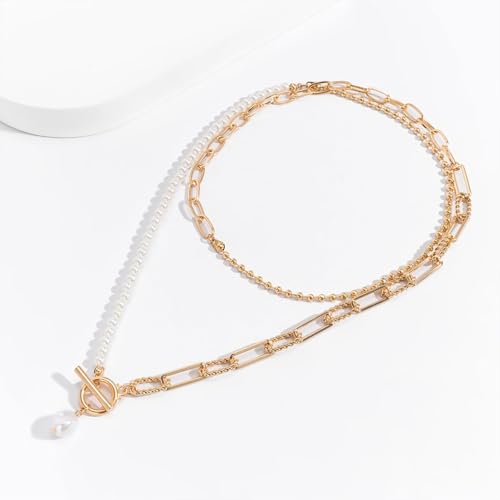HUASAI Boho Necklaces for Women Dainty Layered Choker Necklace Bohemian Turquoise Necklace Statement Jewelry Western Cowgirl Country Concert Outfits Accessories - color: C Gold Paperclip Chain Pearl Necklace