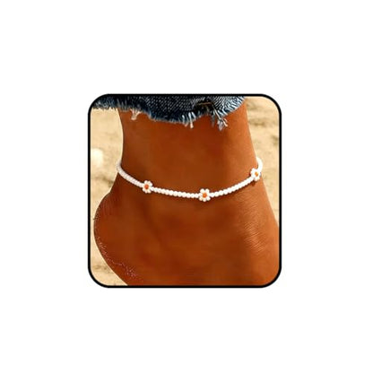 Beaded Chain Ankle Bracelets for Women Waterproof Sunflower Anklets Beachy Vacation Foot Jewelry Gifts - color: White
