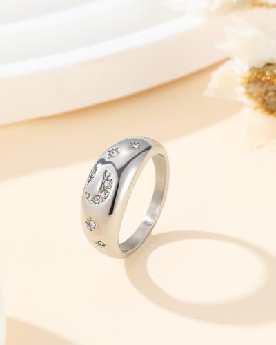 YeGieonr Gold Rings for Women Non Tarnish, 18K Gold Plated Stainless Steel North Star Signet Ring, Waterproof Dainty Pinky Statement Ring, Tarnish Free Gold Jewelry for Women - color: Moon&Star Dome Silver