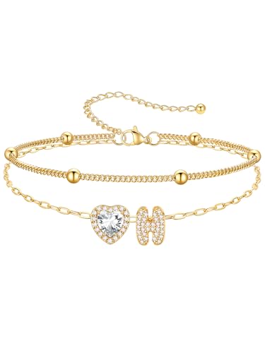 PROSTEEL Initial Ankle Bracelets for Women Waterproof, A-Z Gold/Silver Layered Anklets Adjustable, Summer Beach Gift Jewelry - color: Gold, size: H
