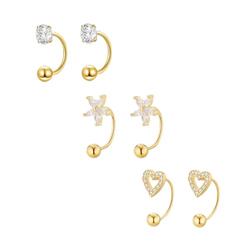 Gold Half Hoop Earrings for Women Poke Free Dainty Flower Diamond CZ Heart Huggies Backless Earrings Stay Closed Hoop No Back Screw Back Small Stud Gifts Trendy Fashion - color: Gold-CZ & Heart & Flower