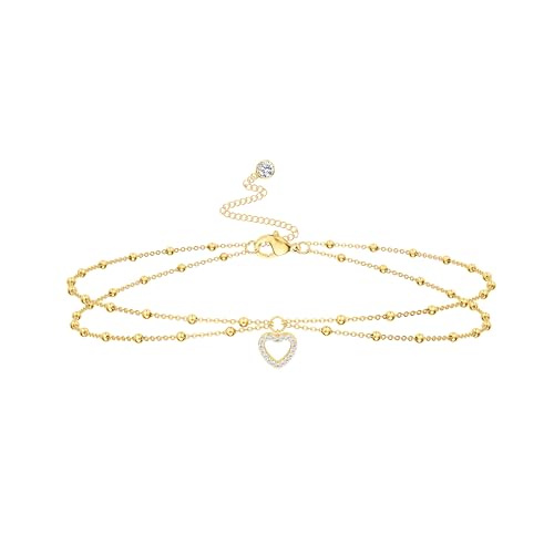 14K Gold Plated Layered Body Waist Chain for Women | Layered Waist Chain with CZ Heart and Pearl Pendant, Belly Chain Belt Jewelry for Women, Bikini Summer Beach Wear - style: Heart Waist Beads Chain
