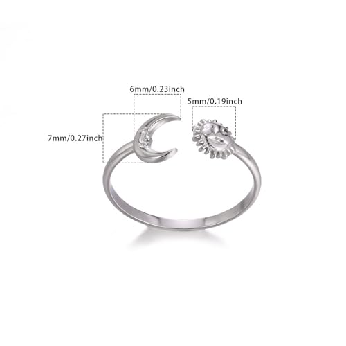 Sun and Moon Rings Stainless Steel Crescent Sun Rings for Women Gold Open Ring Middle Index Finger Jewelry Gift - color: A-Silver Sun&Moon