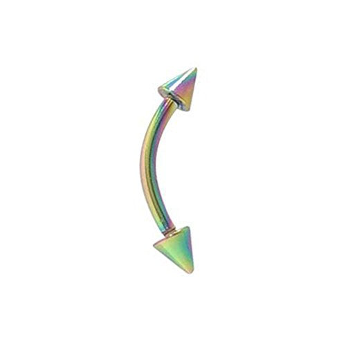 F136 IMPLANT GRADE Titanium 16G Externally Threaded Curved Barbell Eyebrow Ring 3mm Spike Cone Beads Tragus Snug Daith Rook Eyebrow Piercing Jewelry 5/16" 8mm - color: PVD Rainbow