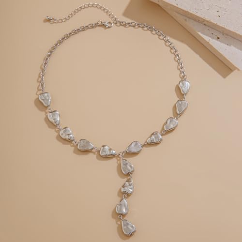 Gold Statement Lariat Necklace for Women Long Chunky Silver Y Shaped Necklace Big Baroque Shaped Drop Necklace Trendy Statement Jewelry Gift - color: silver