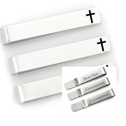 Wedding Party Tie Clip Set of 3 – Stainless Steel Silver Tie Bars for Men – Fishing, Hunting, Golfing, Cross, Suit Designs – Gifts for Groomsmen and Best