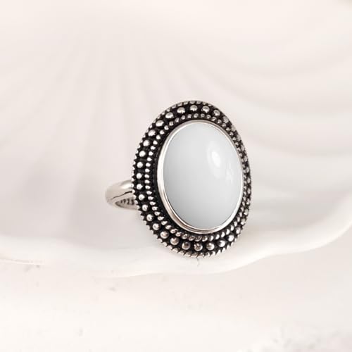 Natural Oval Stone Boho Ring,Retro Antique S925 Sterling Silver Crystal Quartz Gemstone Bohemian Statement Handmade Ring Jewelry for Women Her - color: B10_White Jade