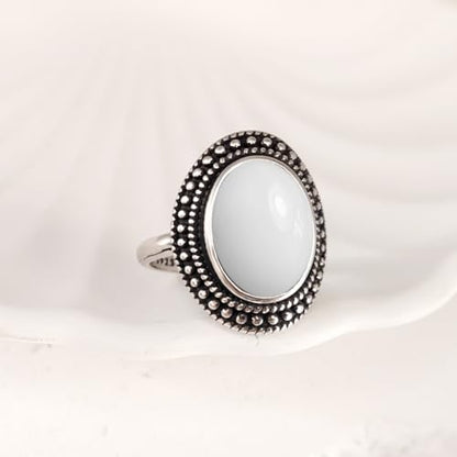 Natural Oval Stone Boho Ring,Retro Antique S925 Sterling Silver Crystal Quartz Gemstone Bohemian Statement Handmade Ring Jewelry for Women Her - color: B10_White Jade