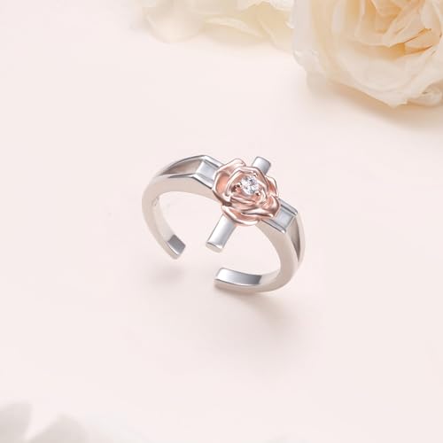Alphm 925 Sterling Silver Toe Ring for Women Adjustable Open Toe Ring Foot Jewelry Gift - color: White-Rose Cross