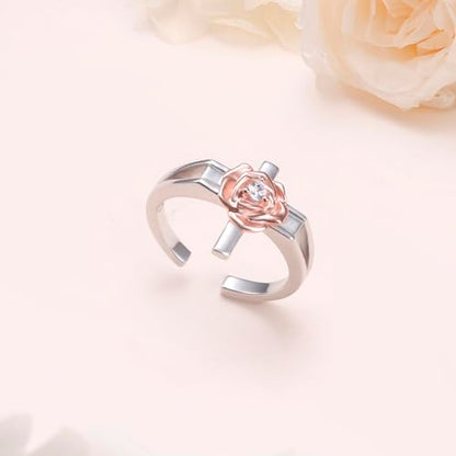 Alphm 925 Sterling Silver Toe Ring for Women Adjustable Open Toe Ring Foot Jewelry Gift - color: White-Rose Cross