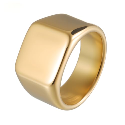 Mens Stainless Steel Plain Signet Rings 4/7/10/14MM Rectangular Pinky Rings | High Polish Classic Blank Thumb Rings, Everyday Comfit Wear, Gift for Men - color: Gold14