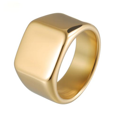 Mens Stainless Steel Plain Signet Rings 4/7/10/14MM Rectangular Pinky Rings | High Polish Classic Blank Thumb Rings, Everyday Comfit Wear, Gift for Men - color: Gold14