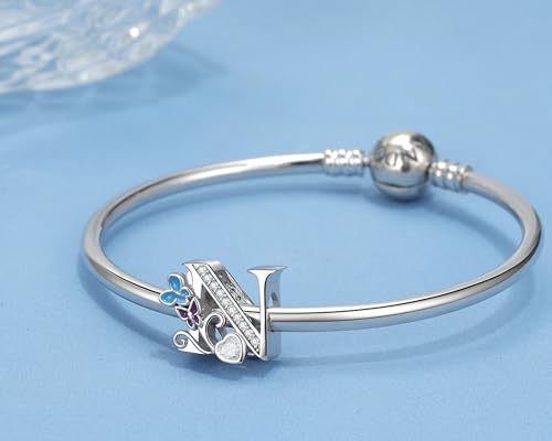 S925 Silver Butterfly Initial Letter Charms Fit for Pandora Charms Bracelets and Necklace Alphabet Bead Charms Jewelry Gifts for Women - color: N