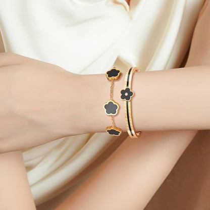 2pcs Stackable Bangle Bracelets 18K Gold Plated Lucky Clover Bracelet Stainless Steel Clover Jewelry Set Fashion Birthday Gifts for Women - color: Gold Black Stackable Bracelets