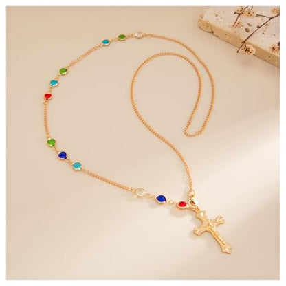 Gold Cross Back Necklace for Women, Dainty Colorful Crystal Y-Shaped Backdrop Chain, Open Back Dress Body Chain Jewelry for Wedding Prom Party