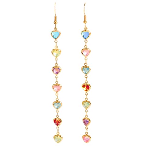 Sparkly Crystal Heart Long Chain Drop Earrings For Women Colorful Love Heart Tassel Statement Dangle Earrings Birthday Prom Jewelry Gifts - color: Gold