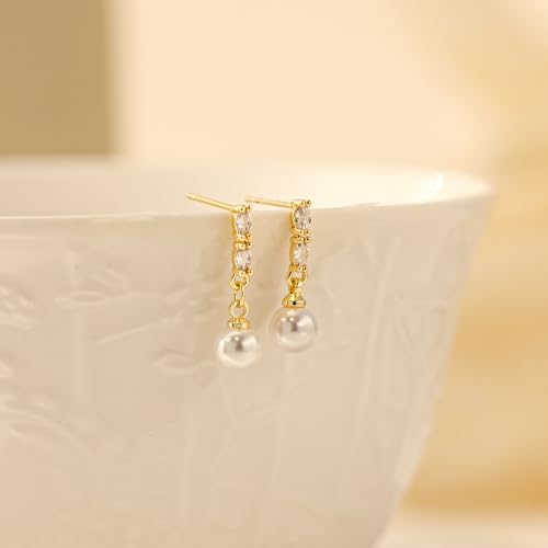 Plenky Pearl Earrings-14K Gold Plated Dainty Pearl Drop Simple Wedding CZ Dangle Dangling Cute Stud Earrings for Brides Earrings for Women Gifts - style: Oval Zirconia Pearl Earrings