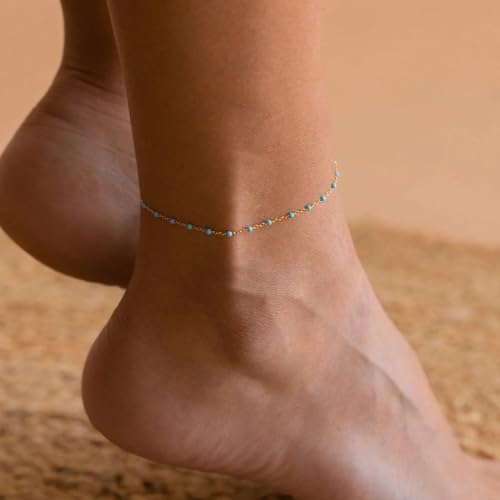 18K Gold Plated Boho Beaded Anklets for Women Dainty Gold Layered Round Ball Ankle Bracelet Pearl Cross Anklet Bracelet Waterproof Gold Jewelry - color: Green Beads-Gold