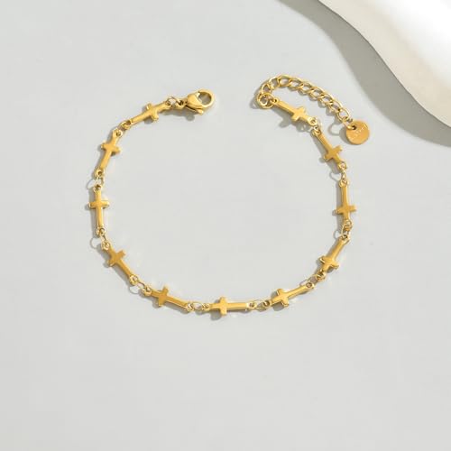 18K Gold Plated Pearl Beaded Cross Bracelets for Women Adjustable Stainless Steel Dainty Thin Gold Box Cuban Twisted Link Chain Bracelet Bridesmaid Jewelry Gifts - color: Multi Cross-Gold