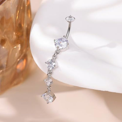 14G G23 Titanium Dangle Belly Button Ring for Women Dangling Belly Rings CZ Butterfly Teardrop Navel Rings Internally Threaded Curved Barbell Navel Piercing Jewelry - color: Silver-1
