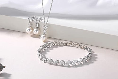 Wedding Jewelry for Bride Bridesmaid, Pearl Dangle Earrings and Pendant Necklace Set Bridal Jewelry for Promise Wedding Party - color: 1#Silver-1 Set-Necklace/Bracelet/Earrings