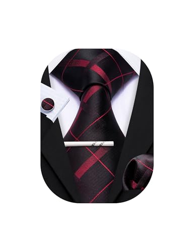 YOHOWA Men Plaid/Striped Ties Clip Set Silk Necktie Pocket Square Cufflinks | Woven Classic,Formal/Casual Mens Tie,Pocket Square Cufflinks Set,Luxury,Business,Wedding,Party,Prom,Graduation - color: Black Red