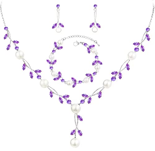 Luxury Cubic Zirconia Aurtrian Crystal Pearl Floral Necklace Dangle Earrings Wedding Bridal Jewelry Set Birthday Gifts for Her - color: Style02-Violet-Silver Plated